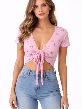 Hollister Pink Floral Tie-Front Crop Blouse